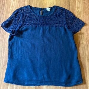 J.Crew ladies deep blue boxy tunic, 100% linen. Short sleeve & lace over the top